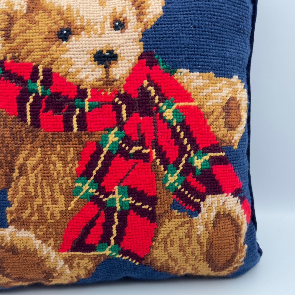 Vintage Needlepoint Teddy Bear Throw Pillow Navy Blue Velvet Plaid Scarf 11x11 - Picture 4 of 7